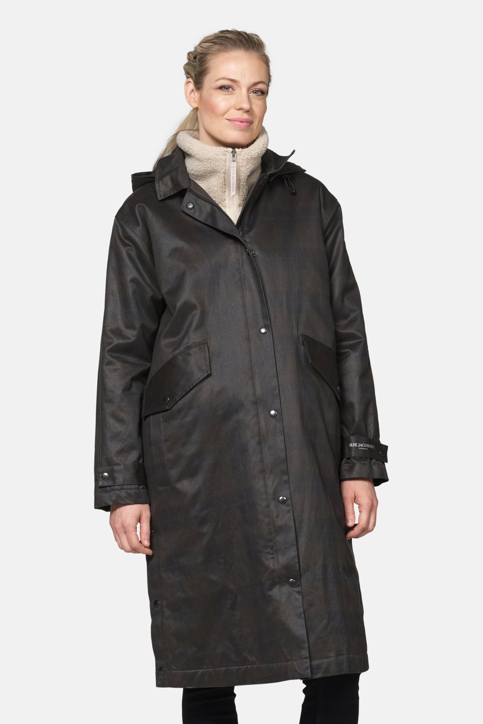 Gewatteerde jas van waxed cotton LAND01 | Dark Brown Check | Coat | Ilse Jacobsen