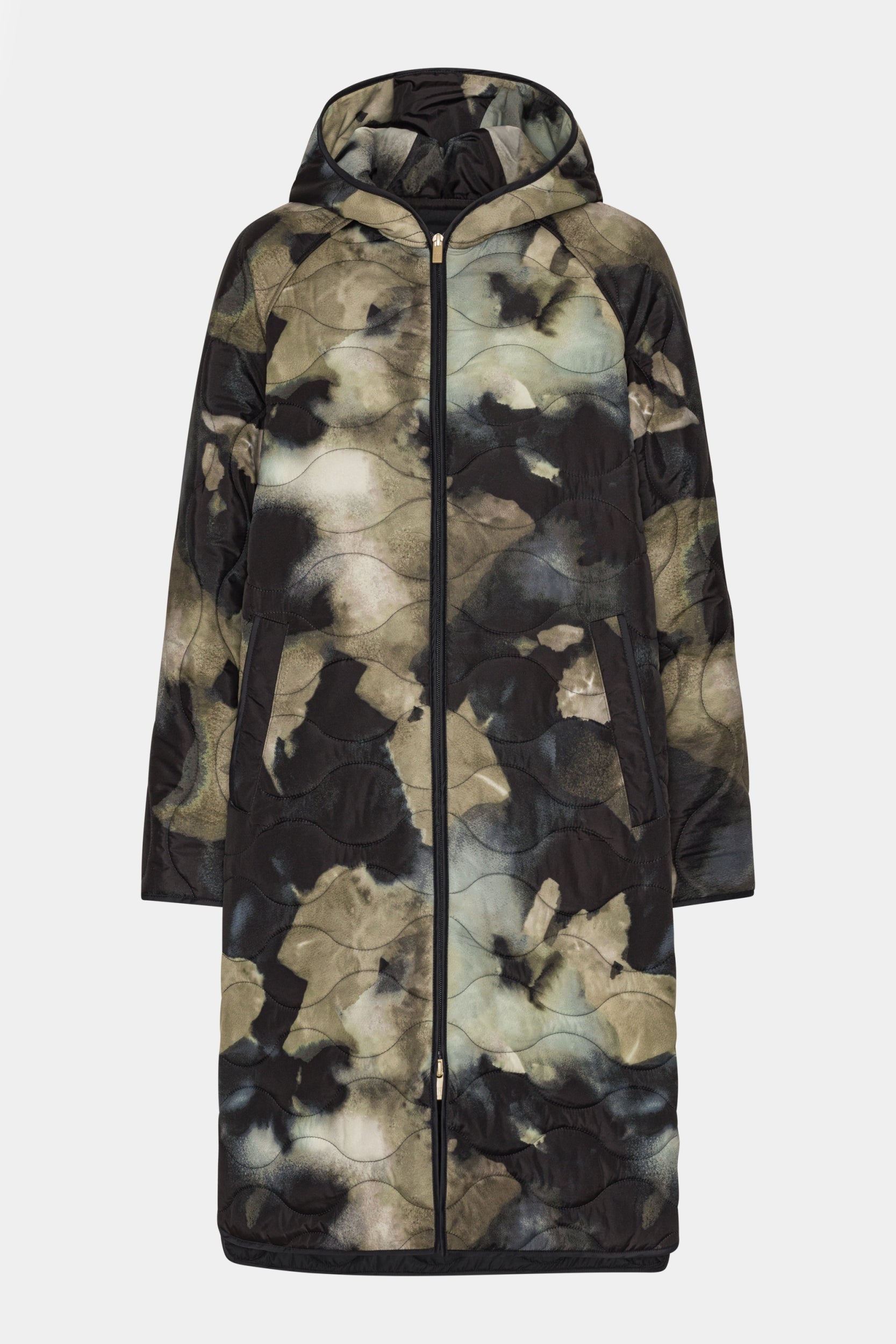 Lange Gewatteerde Jas met capuchon QUILTED05P - 005 Moss Print | Moss Print | Jacket | Ilse Jacobsen
